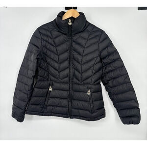 Michael Kors Packable Down Jacket Womens Large Black Puffer Gold Travel Outdoor